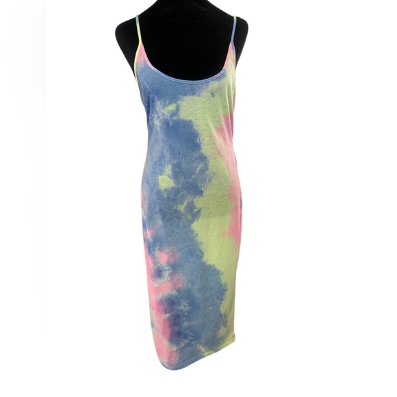 Tie Dye pink, blue, neon yellow, Fitted Dress,Spaghetti straps, Summer, Large - Picture 9 of 9
